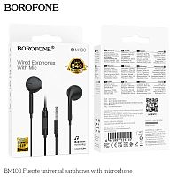 Наушники внутриканальные Borofone BM100 Fuente, пластик, микрофон, кабель Jack 3.5mm, 1.2м, цвет: черный (1/244) (6941991121715)