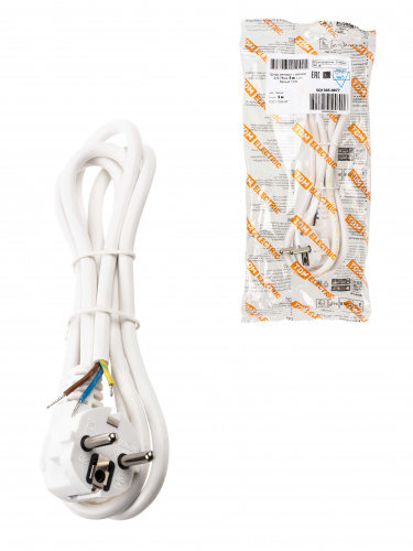 Шнур сетевой с вилкой ПВС 3x0,75мм2 5м с/з белый TDM (1/30) (SQ1305-0077)