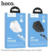 Блок питания сетевой 1 Type-C HOCO N64, PD20Вт, кабель Type-C - 8 pin, цвет: черный (1/13/130) (6942007655125)