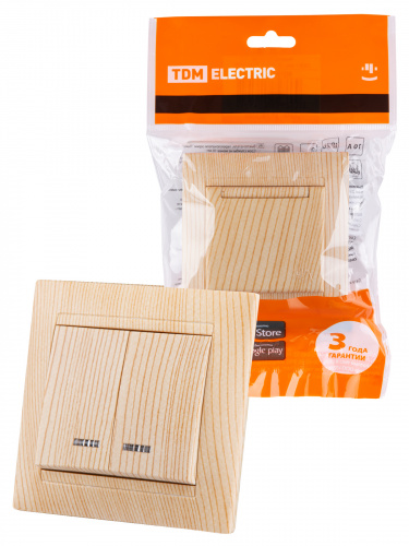 Выключатель 2 кл. с подсветкой 10А сосна , с/у, "Лама" (10/120) TDM (SQ1815-0305) Выключатель 2 кл. с подсветкой 10А сосна , с/у, "Лама" (10/120) TDM (SQ1815-0305)