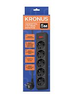 Сетевой фильтр KRONUS 5 розеток, ПВС 3*1,0 мм2, мощность 2200 Вт, ток 10А, 5 м, чёрный (NF-5-5-b) (1/35) (KRS-07-0006)