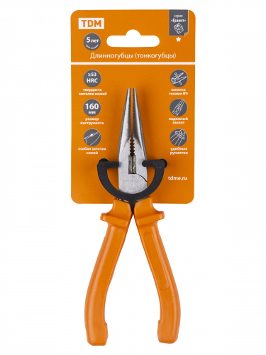 Длинногубцы (тонкогубцы), с пластиковыми рукоятками, углеродистая сталь, 160 мм, серия "Гранит" TDM (1/60) (SQ1009-0201) фото 2