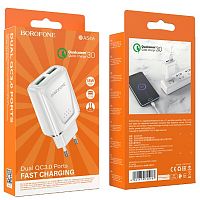 Блок питания сетевой 2 USB Borofone BA54A, Wide, пластик огнестойкий, QC3.0, цвет: белый (1/35/140) (6931474745187)