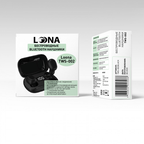 Беспроводные TWS-наушники Loona TWS-002black, Bluetooth, черные (1/100) фото 2