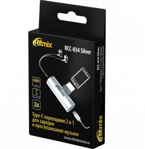 Переходник RITMIX RCC-034, серебро, 2в1, Выходы Type-C, 3,5 мм, Входы USB Type C (папа) (1/100) (80000584)