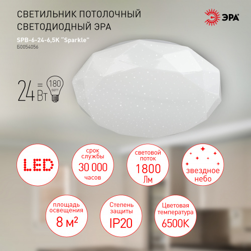 Светильник светодиодный ЭРА потолочный SPB-6-24-6,5K Sparkle без ДУ 24Вт 6500K (1/10) (Б0054056) фото 3