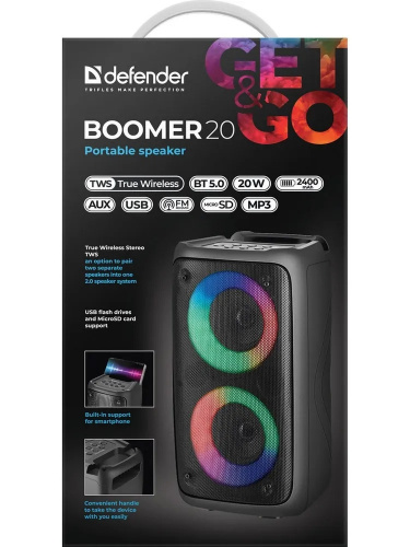 Колонка портативная DEFENDER Boomer 200 200Вт, BT/FM/TF/USB/MIC/AUX/GT, черный (1/1) (65201)
