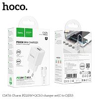 Блок питания сетевой 1 USB, 1 Type-C HOCO C147A Charm, 3.0A, PD20Вт, кабель Type-C - Type-C, цвет: белый (1/30/180) (6942007630290)