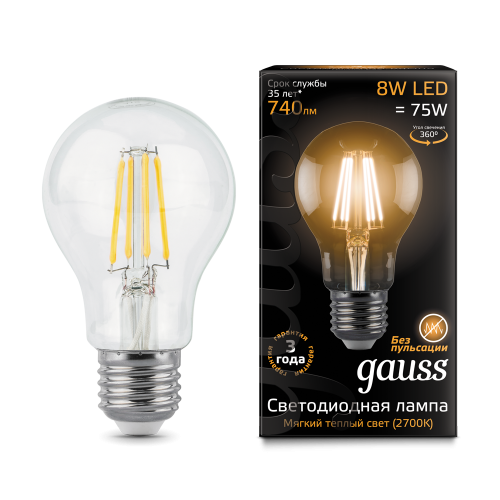 Лампа светодиодная GAUSS Filament А60 8W 740lm 2700К Е27 1/10/40 (102802108)