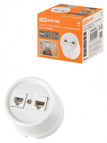 Розетка телефонная RJ11 + компьютерная RJ45 белая «Болонь» TDM (1/72) (SQ1820-0052) Розетка телефонная RJ11 + компьютерная RJ45 белая «Болонь» TDM (1/72) (SQ1820-0052)