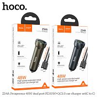 Блок питания автомобильный 1 USB, 1 Type-C HOCO Z54A Prosperous, 3.1A, PD48Вт, металл, кабель Type-C - Type-C, цвет: серый (1/13/130) (6942007645775)
