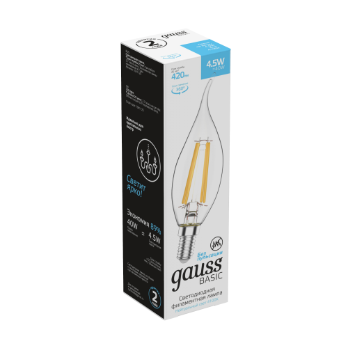 Лампа светодиодная GAUSS Basic Filament Свеча на ветру 4,5W 420lm 4100К Е14 1/10/50 (1041125)