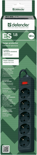 Сетевой фильтр DEFENDER ES, 5 розеток, ПВС 3*1,0 мм2, мощность 2200 Вт, ток 10А, чёрный, 1.8 м (1/45) (99484) фото 11
