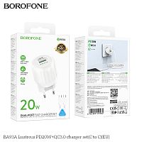 Блок питания сетевой 1 USB, 1 Type-C Borofone BA93A Lustrous, пластик, PD20Вт, QC3.0, кабель Type-C - Type-C , цвет: белый (1/30/120) (6941991119965)