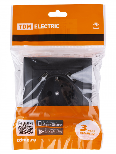 Розетка 2П+З 16А 250В + 2 USB порта 2,1А 5В графит с/у, "Лама" (1/96) TDM (SQ1815-0642) фото 2 Розетка 2П+З 16А 250В + 2 USB порта 2,1А 5В графит с/у, "Лама" (1/96) TDM (SQ1815-0642) фото 2