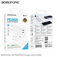 Блок питания сетевой 2 Type-C Borofone BA85A Flare, пластик, PD35Вт, QC3.0, кабель Type-C - Type-C, цвет: белый (1/40/160) (6941991117503)