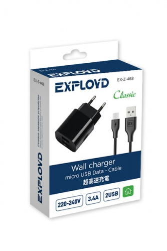 Сетевое ЗУ/Exployd/micro USB/3.4A/2.4А+1А/2хUSB/чёрный/Classic/EX-Z-468 фото 3