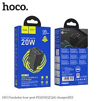 Блок питания сетевой 2 USB, 2 Type-C HOCO N55 Fundador, 3.0A, PD20Вт, цвет: чёрный (1/12/120) (6942007632430)