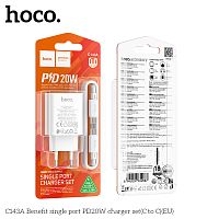 Блок питания сетевой 1 Type-C HOCO C143A Benefit, пластик, 3.0A, PD20Вт, кабель Type-C - Type-C, цвет: белый (1/28/168) (6942007652087)