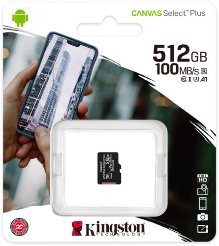 Карта памяти MicroSDXC  512GB  Kingston Class 10 Canvas Select Plus A1 (100 Mb/s) без адаптера (SDCS2/512GBSP)