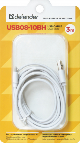 Кабель DEFENDER USB08-10BH USB2.0, белый, AM-MicroBM, 3м (1/60/240) (87468) фото 7