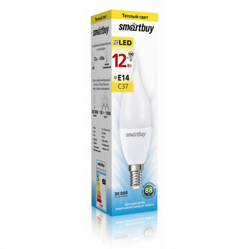 Лампа светодиодная SMARTBUY C37 12Вт 220V 3000K E14 (свеча на ветру, матовая, теплый свет) (10/100) (SBL-C37Can-12-30K-E14)