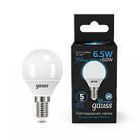 Лампа светодиодная GAUSS Шар 6.5W 550lm 6500K E14 1/10/100 (105101307)