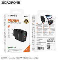 Блок питания сетевой 1 USB, 1 Type-C Borofone BA83A Flare, пластик, PD20Вт, QC3.0, цвет: чёрный (1/40/160) (6941991117336)