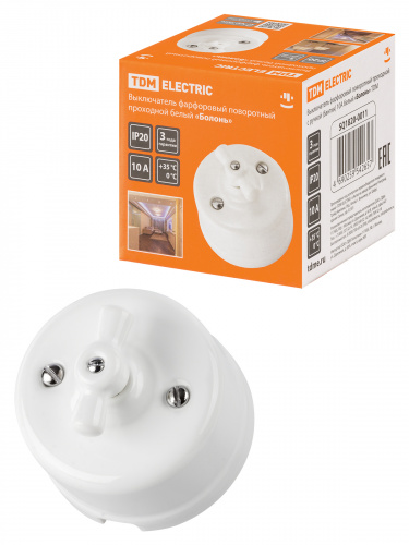 Выключатель фарфоровый поворотный проходной с ручкой (бантик) 10А белый «Болонь» TDM (1/72) (SQ1820-0011)