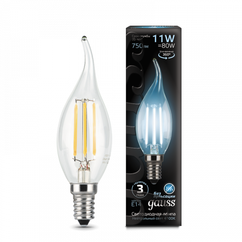 Лампа светодиодная GAUSS Filament Свеча на ветру 11W 830lm 4100К Е14 1/10/50 (104801211) Лампа светодиодная GAUSS Filament Свеча на ветру 11W 830lm 4100К Е14 1/10/50 (104801211)