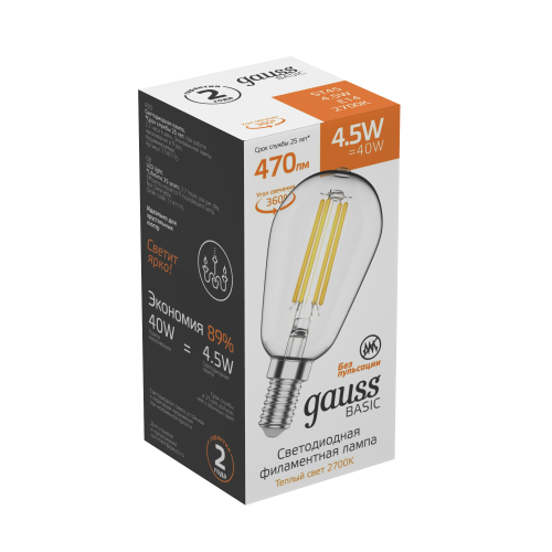 Лампа светодиодная GAUSS Basic Filament ST45 4,5W 470lm 2700К Е14 1/10/50 (1141115) Лампа светодиодная GAUSS Basic Filament ST45 4,5W 470lm 2700К Е14 1/10/50 (1141115)