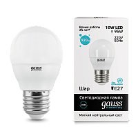 Лампа светодиодная GAUSS Elementary Шар 10W 730lm 4100K Е27 1/10/100 (53220)