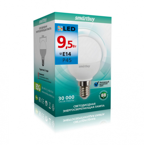 Лампа светодиодная SMARTBUY P45 9,5Вт 220V 6000K E14 (холодный свет) (10/100) (SBL-P45-9_5-60K-E14)