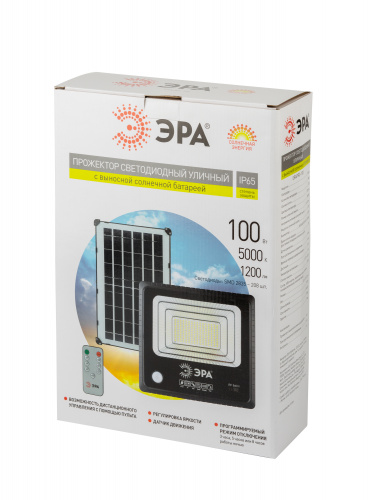 Прожектор светодиодный ЭРА уличный на солн. бат. 100W 1200 lm 5000K с датч. движения ПДУ IP65 (1/6) (Б0049547) фото 10