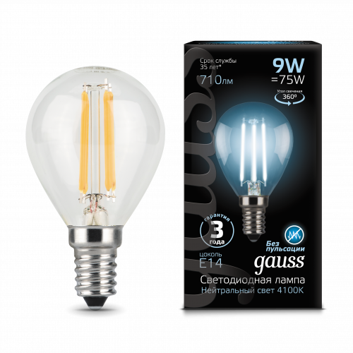 Лампа светодиодная GAUSS Filament Шар 9W 710lm 4100К Е14 1/10/50 (105801209) Лампа светодиодная GAUSS Filament Шар 9W 710lm 4100К Е14 1/10/50 (105801209)