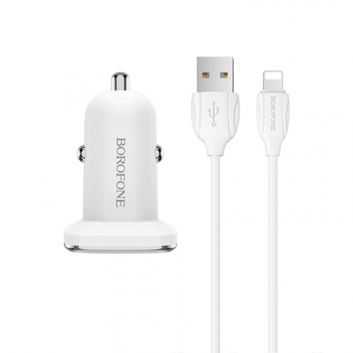 Блок питания автомобильный 2 USB Borofone BZ12, Lasting, 2400mA, пластик, кабель 8 pin, цвет: белый (1/44/176) (6931474708656) фото 2