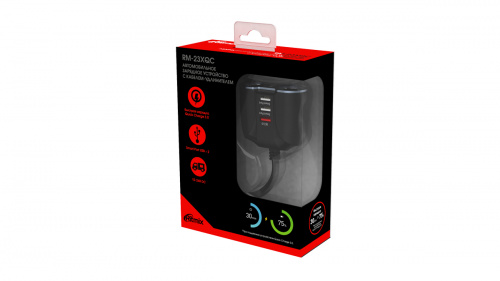 Автомобильное ЗУ RITMIX RM-23XQC c USB QC 3.0 с кабел.-удлинн. 1м.  2 гнезда автоприк. 12В, 3 порта USB (QC 3.0 (5-20В, до 3А), 5В/1А,  5В/1А) (1/40) (80000162) фото 5