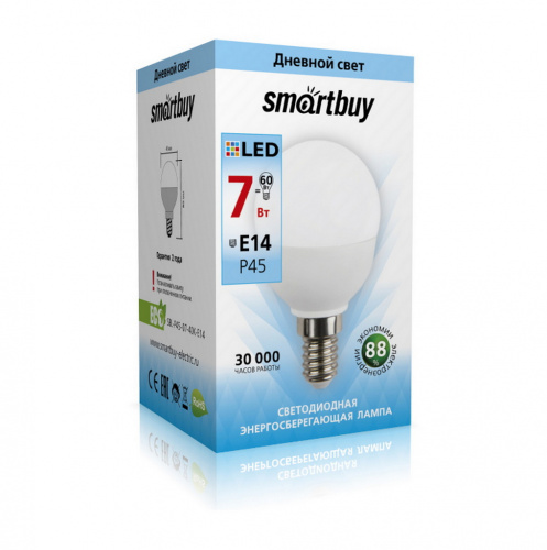 Лампа светодиодная SMARTBUY P45 7Вт 220V 4000K E14 (глоб, нейтральный свет) (10/100) (SBL-P45-07-40K-E14)