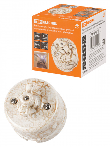 Выключатель фарфоровый поворотный 2-кл. с ручкой (бантик) 10А мраморный «Болонь» TDM (1/72) (SQ1820-0110)