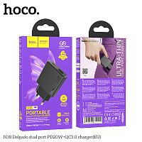 Блок питания сетевой 1 USB, 1 Type-C HOCO N38 Delgado, 3000mA, пластик, QC3.0, PD20Вт, цвет: чёрный (1/23/230) (6942007610100)