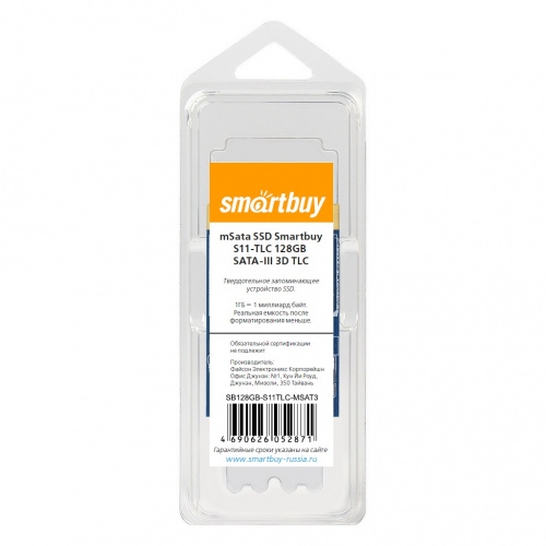 Внутренний SSD  Smart Buy  128GB  S11 mSata (mini SATA), SATA-III, R/W - 550/450 MB/s, Phison PS3111-S11T, TLC 3D NAND (SB128GB-S11TLC-MSAT3)