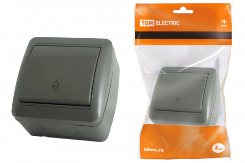 Выключатель на 2 направления 1-кл. открытой установки IP44 10А серый "Селигер" TDM (1/10/120) (SQ1818-0111)