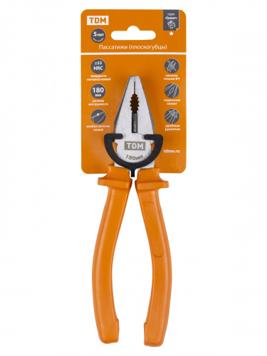 Пассатижи (плоскогубцы), с пластиковыми рукоятками, углеродистая сталь, 180 мм, серия "Гранит" TDM (1/48) (SQ1009-0102) фото 2