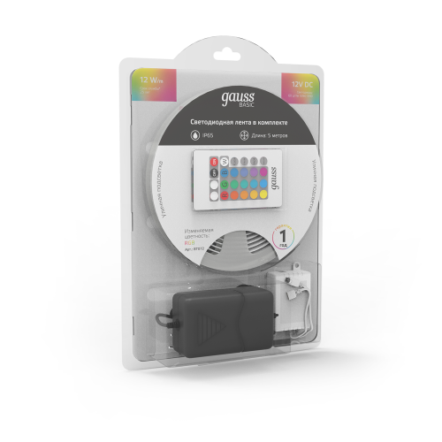 Комплект светодиодной ленты GAUSS Basic 5050/60 12V 12W/m 780lm/m RGB 10mm IP65 5m 1/50 (BT072)