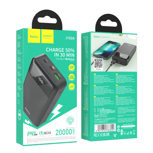 Мобильный аккумулятор Аккумулятор внешний HOCO J102A, 20000mAh, Cool, PD20W+QC3.0, цвет: чёрный (1/42) (6931474783622)