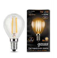 Лампа светодиодная GAUSS Filament Шар 7W 550lm 2700К Е14 1/10/50 (105801107)