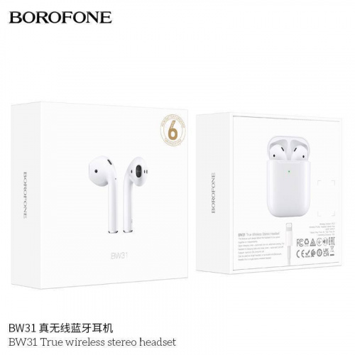 Наушники внутриканальные Borofone BW31, пластик, bluetooth 5.3, микрофон, цвет: белый (1/22/132) (6974443388923)