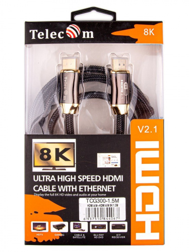 Кабель HDMI 19M/M,ver. 2.1, 8K@60 Hz 1.5m метал разъемы, нейлоновая оплетка Telecom <TCG300-1.5M> (1/50) фото 3 Кабель HDMI 19M/M,ver. 2.1, 8K@60 Hz 1.5m метал разъемы, нейлоновая оплетка Telecom <TCG300-1.5M> (1/50) фото 3
