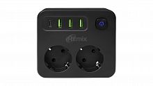 Сетевой фильтр RITMIX RM-023PD Black, 2 розетки, 16A, 4000Вт, 30Вт USB-C + 3х USB-A, кнопка питания, встр.вилка с заземлением (1/48) (80003765)