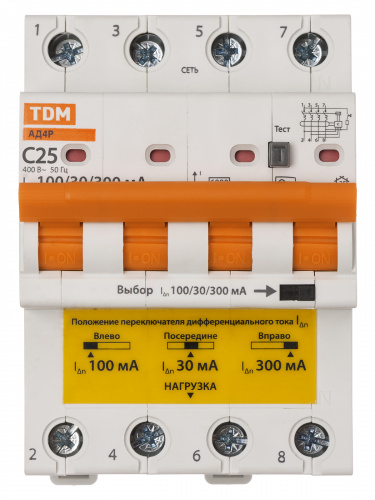 Диф.автомат АД4P 4Р С25 30-100-300мА 6кА тип АС TDM (1/24) (SQ0204-0631) фото 6 Диф.автомат АД4P 4Р С25 30-100-300мА 6кА тип АС TDM (1/24) (SQ0204-0631) фото 6